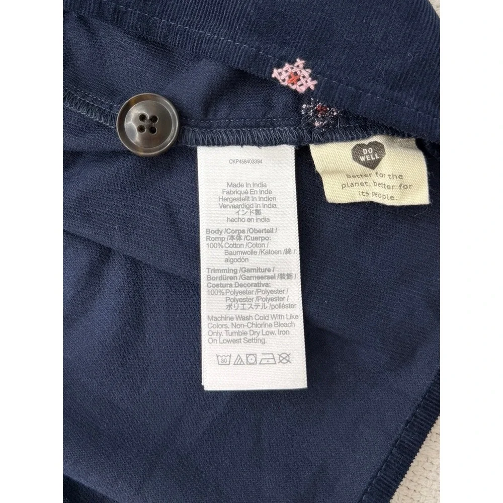 Madewell Embroidered Corduroy Button-Back Peplum Top Navy Puff Sleeve Small